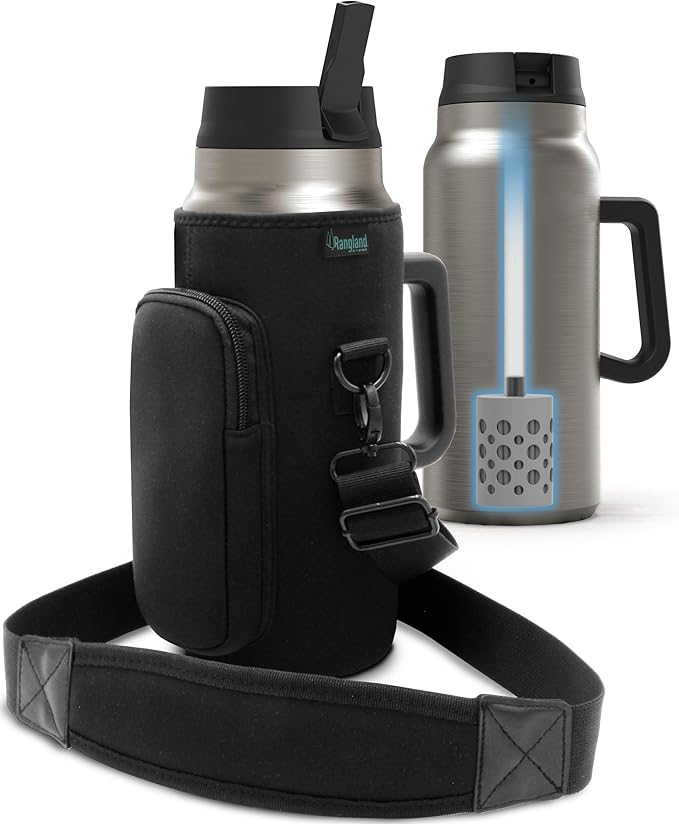 Filtered 64 oz Tumbler with Handle and Carrier Bag - Insulated Wide Mouth Water Bottle with Ahlstrom Filter System, Spill-proof Straw Lid and Padded Shoulder Strap (Stainless Steel)