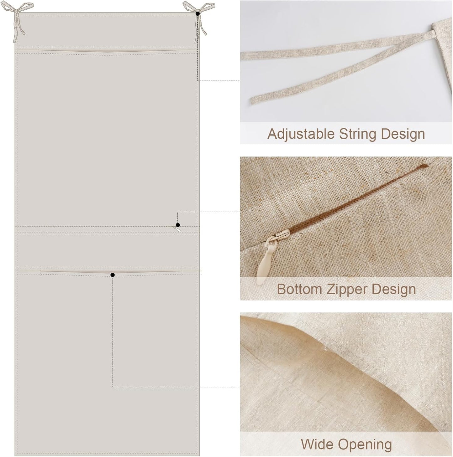 100% Linen Hanging Laundry Bag with 2 Compartments, Over the Door Laundry Hamper, Dirty Clothes Space Saving Organizer 19.7 x 47 Inches, Linen