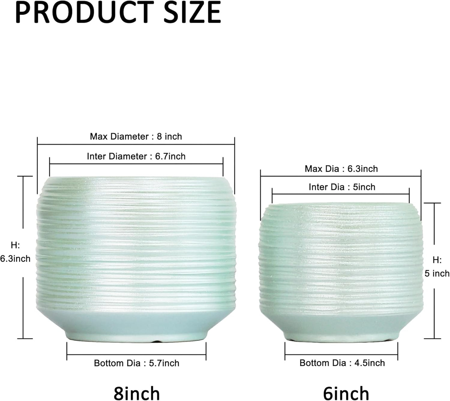 8 Inch + 6 Inch Ceramic Plant Pots Indoor with Drainage – Flower Pot Set, Decorative Indoor Planters for House Plants and Garden Use