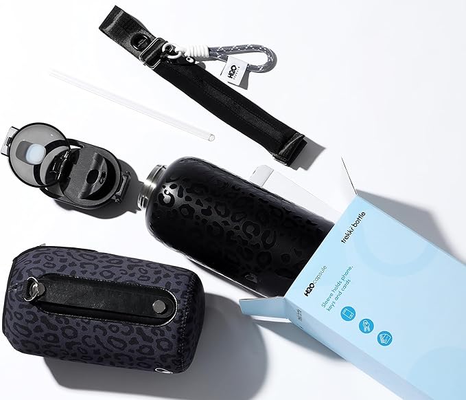 H2O Capsule Half Gallon Insulated Water Bottle With Straw - Stainless Steel Thermos Water Bottle With Sipping/Chugging Lid & Shoulder Strap For Storage - 64 oz Vacuum Flask, Hot Cold (Black Leopard)