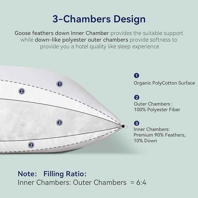 Goose Feather Down Pillows Standard Size Set of 2 - Luxury Soft Feather Down Pillow for Sleeping - Hotel Quality Bed Pillows - Wrapped in Polyester (Solid White, 20x26 Inches)