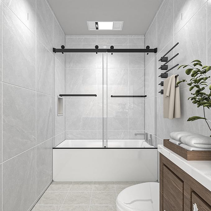 54"-60" W x 60" H Frameless Bathtub Shower Door, Double Sliding Shower Door,5/16"(8mm) Clear Tempered Glass,Easy Sliding Tub Shower Door with Explosion-Proof Film (Matte Black 60" Wx60 H)