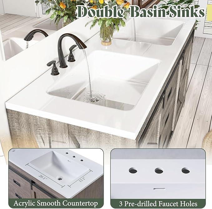 60" Farmhouse Bathroom Double Vanity Sliding Barn Door with Sink Combo, Bathroom Vanity Cabinet with Drawers & Metal Handles, Freestanding, Gray