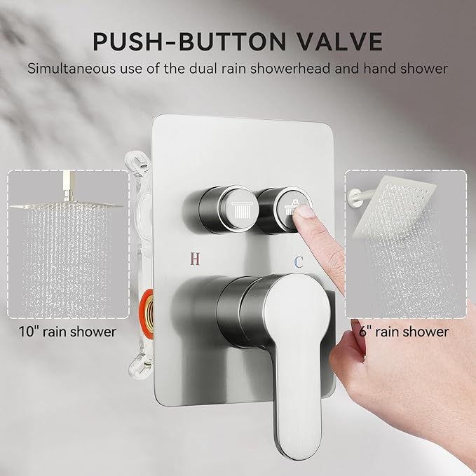 Shower Faucets Sets Shower System Brushed Nickel, STARBATH 10" Ceiling Mount Rain Showerhead and 6" Wall Mounted Rainfall Shower for Couples, On Off Button Valve Dual Head Shower Systems Complete