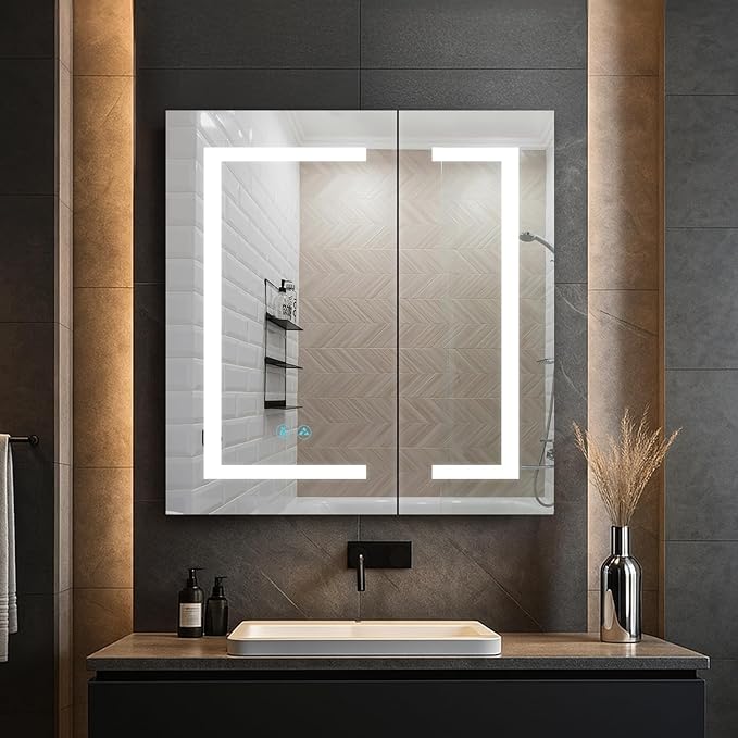 Blossom LED Medicine Cabinet Mirror for Bathroom 25x26 Inch - Recessed/Surface Mounted Lighted Medicine Cabinet with Mirror - Defogger, 3-Color Dimmer - Wall Mounted Storage Cabinet