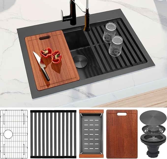 Drop In Black Kitchen Sink,Stainless Steel Sink 16 Gauge,Single Bowl Workstation Sinks (Black, 26" X 22")