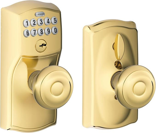 SCHLAGE FE595 CAM 505 GEO Camelot Keypad Entry with Flex-Lock and Georgian Style Knobs, Bright Brass, Georgian Knob