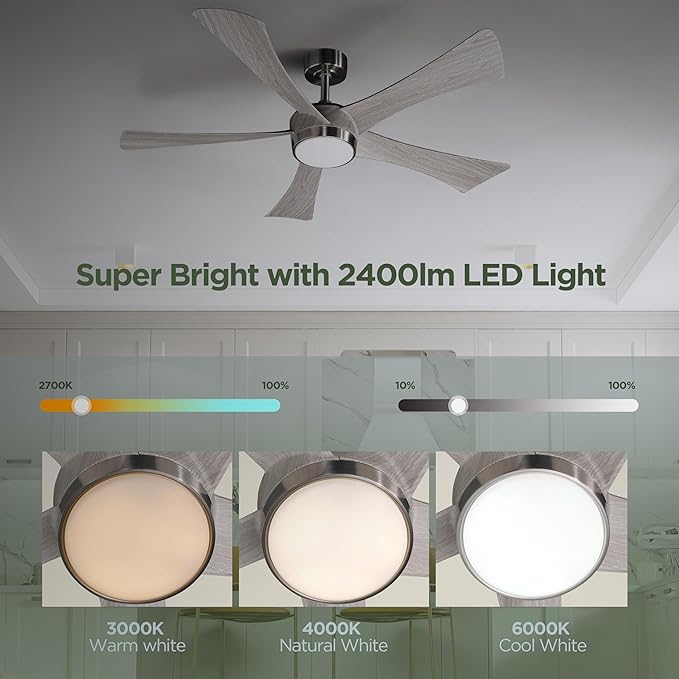 Ceiling Fan with Light Remote: 52 Inch Modern Bedroom Fans with Dimmable Tri-Color Temperatures LED - Water Transfer Printing 5 Blades (Brushed Nickel+Gray-5)