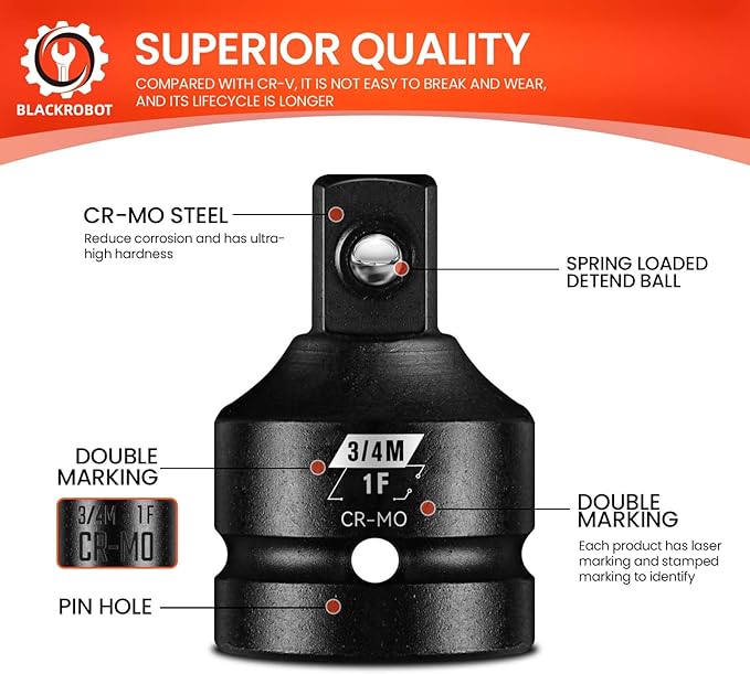 1”F To 3/4”M Impact Socket Adapter, Cr-Mo Steel Exceeds ANSI Standards, Square Drive Reducer for Impact Driver Wrench