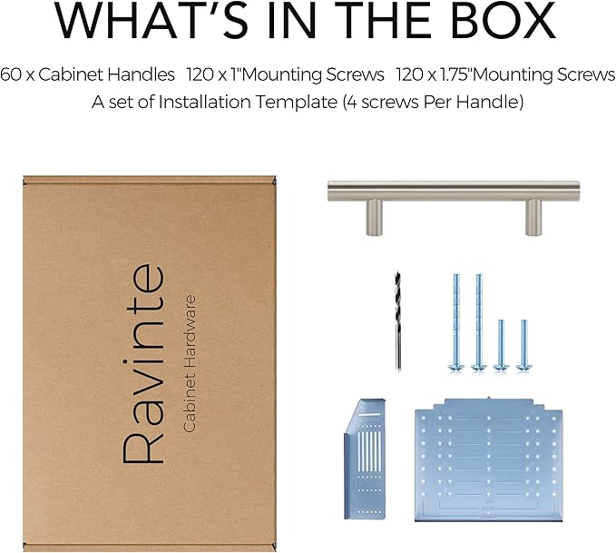 Ravinte 60 Pack | 6'' Cabinet Pulls Brushed Nickel Stainless Steel Kitchen Drawer Pulls Cabinet Handles 6”Length, 3-3/4” Hole Center with Mounting Template