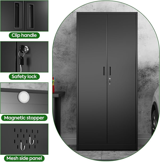 71.31" H Metal Broom Closet Storage Cabinets with Pegboards and Hooks,Utility Closet Storage Cabinet with Hooks and Hanging Rod for Laundry Room,Utility Room,Warehouse,Garage,Black