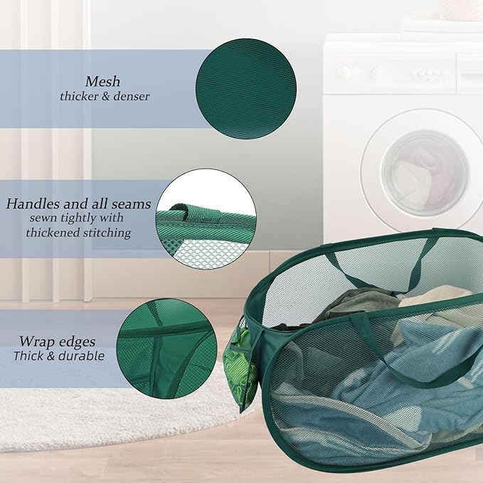 100L Foldable Laundry Baskets 2 Pack, Extra Large Mesh Pop Up Laundry Hamper, Dirty Clothes Hamper with Handles, Pop-up Hampers for Laundry Travel. Dorm or Home Portable Clothes Baskets.Green 2H