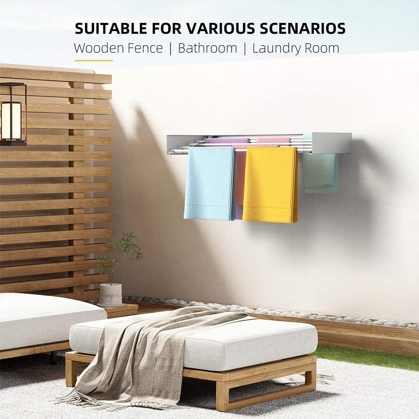 Laundry Drying Rack Collapsible, Wall Mounted Clothes Drying Rack, Space Saving Drying Rack for Laundry, 40" Wide, 16.5 Linear Ft, 5 Aluminum Rods, 60 lb Capacity (White 40")