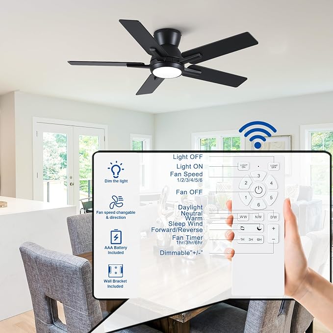 Sevenine Ceiling fan with light,Black Ceiling Fan,3 Blades,Downrod,6 speed adjustable,Dimmable LED,3 Timers,Reversible DC motor, For Patio Living Room Bedroom Dining Room (Black, 42Inch)