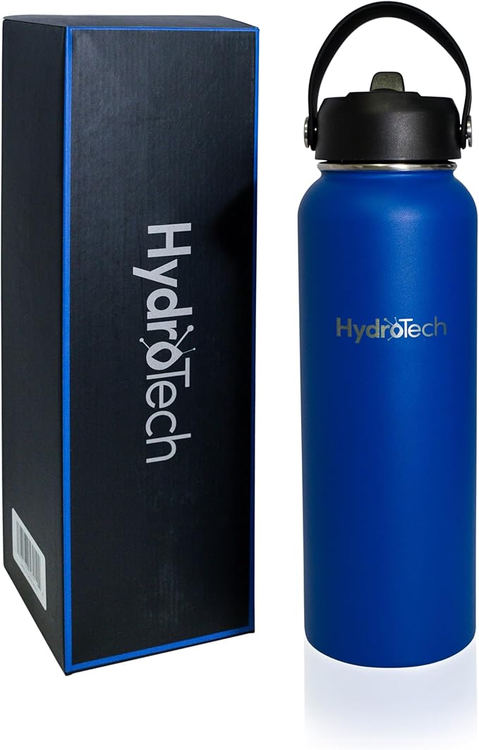 HydroTech Stainless Steel Leak Proof Water Bottle with Double Wall Insulation and 2 Lids (Straw Lid) - 40 OZ. (Deep Blue)