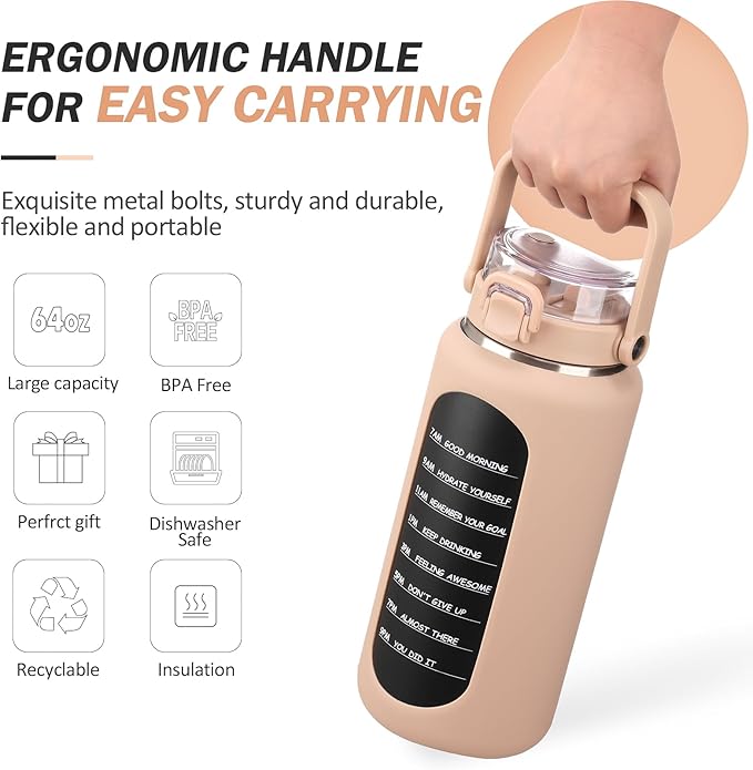 BLUEGO 64oz Insulated Water Bottle with Straw and Handle Leakproof Half Gallon Wide Mouth Motivational Water Bottle, 2-IN-1 Straw Spout Lid Stainless Steel Water Jug for Sport Travel Gym-Amber