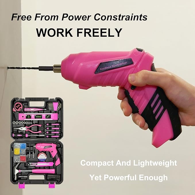 Pink Toolbox Essentials for Women Girls Starter DIY Drilling Kit with Cordless Power Tools, Electric Drill, Hammer, Screwdriver Sets, Mini Hand Tools, and Combo Bits for Home Repair Household Gift