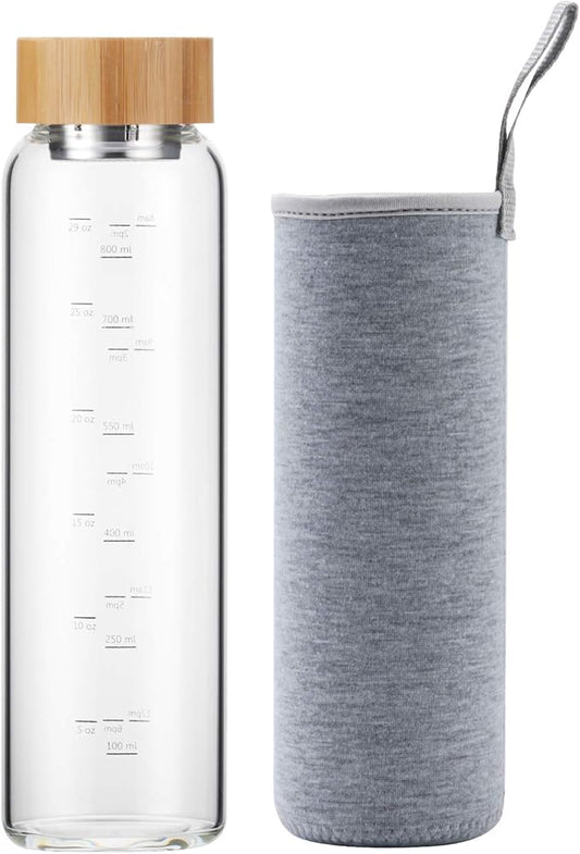 Glass Water Bottle 32 oz Wide Mouth with Sleeve Bamboo Lid Motivational Water Bottle With Time Marker Reusable Safe for Hot Cold Drinks Bpa Free (Gray)