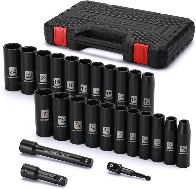 MIXPOWER 25 Pieces 1/2-Inch Drive Deep Impact Socket Set, CR-V, Metric/SAE, Includes 12mm to 24mm, 3/8-Inch to 1-Inch, 3", 5" Extension bars, 1/2"-1/4" Adapter
