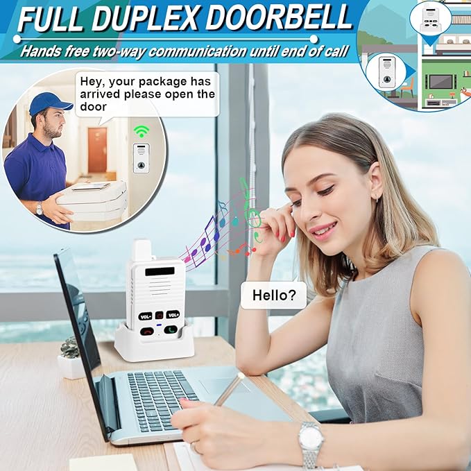 Wireless Doorbell System & Full Duplex Intercom Doorbell Wireless Hands-Free Waterproof Wireless Doorbells for Home Classroom, 1000ft Range, 8 Volume Levels, 4 Chimes, Easy Install(2 Packs, White)