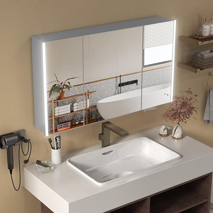 40x24 Inch Medicine Cabinet with Light, AL Alloy Frame, Full-Assembled Bathroom Mirror Cabinet with Brightness Adjustable and Storage Shelves, Led Medicine Cabinet with Recessed or Wall Mount,Sliver