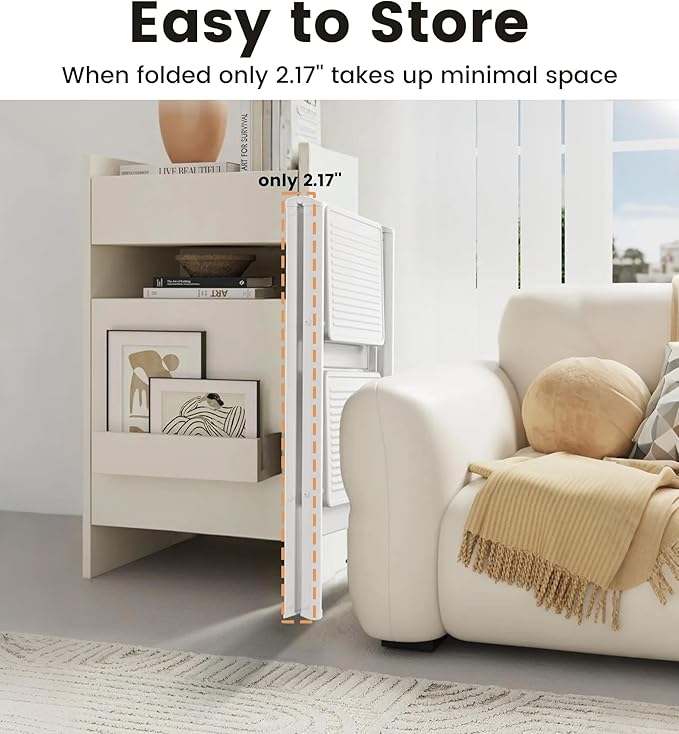 Step Stool, 2 Step Ladder with Anti-Slip and Wide Pedal, Portable Iron Foldable Stepladder for Home and Kitchen, 300lbs - White