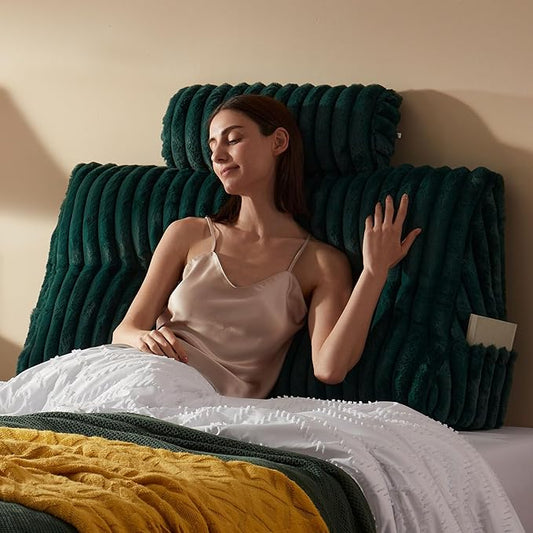 Faux Fur Headboard Pillow with 2 Pack Neck Roll Pillow Large Headboard Pillow Soft and Supportive with Removable Cover (Green, Twin)