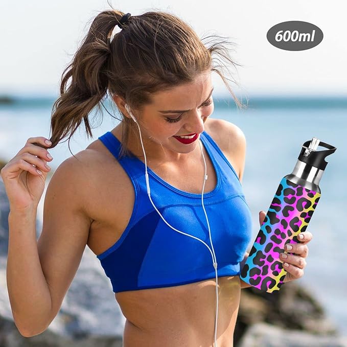 senya 34 Oz Water Bottle with Straw Leopard Print Cheetah Neon Gradient Stainless Steel Water Bottle for Traveling Sports Leakproof Insulated Water Bottle