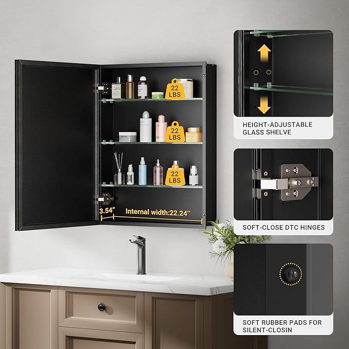 24''x 30'' Black Medicine Cabinet Mirror, Surface or Recessed Aluminum Framed Medicine Cabinet with Beveled Mirror, Full-Assembled, Adjustable Shelves,Reversible Bathroom Mirror with Storage