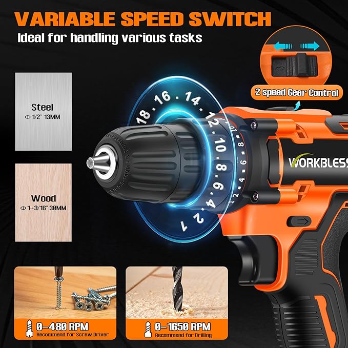 WORKBLESS 21V Power Drill Set, Cordless Drill with 2 Batteries and Charger, 3/8'' Keyless Chuck, Variable Speed, 18+1 Torque Setting and 28pcs Bits Tool Set(Orange)