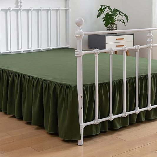 Bed Skirt King Size Ruffled Bed Skirts with Split Corners,14 Inch Drop Dust Ruffle Bed Skirt with Platform, Green