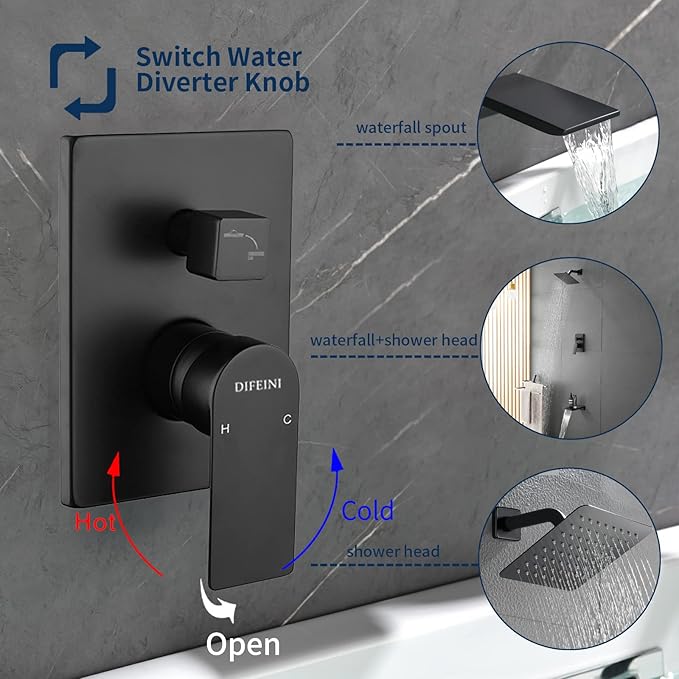 Tub and Shower Faucet Set Matte Black Shower System Trim Kit with Rough in Valve Shower Tub Kit Combo Wall Mount 33019B