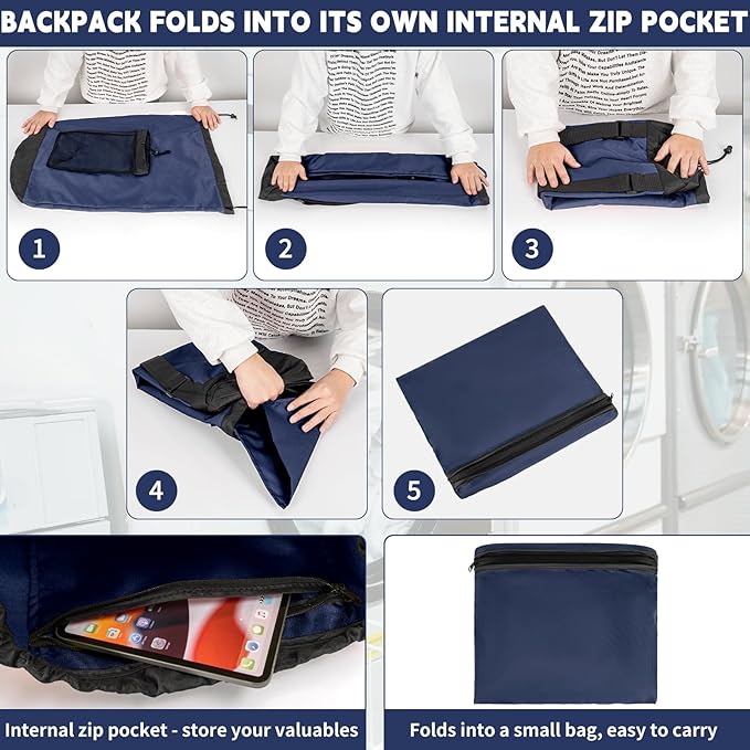 Laundry Bag Backpack with Shoulder Straps and Mesh Pocket Foldable Laundry Hamper for College, Apartment, Laundromat (Dark Blue)