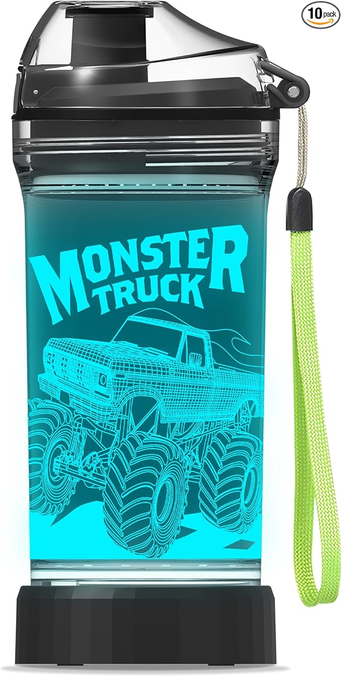 Kids Water Bottle with Monster Truck Design 3D Glowing LED Light-Tritan BPA Free,Perfect for Back-to-School Season, Girls, Boys, Kids, Holiday Camping, Picnic Gifts - 14 oz Travel Mug