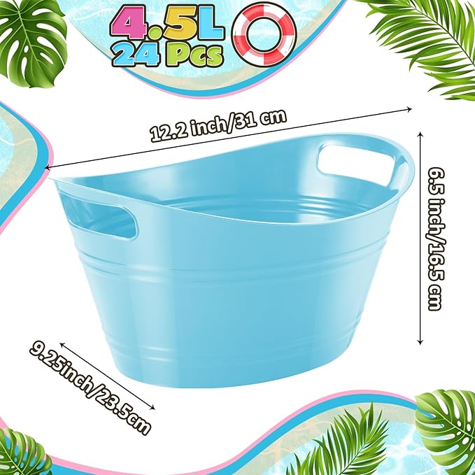 Norme 24 Pcs Oval Storage Tub with Handles, 4.5L Plastic Ice Bucket Wine Beer Champagne Bottle Drink Cooler Tub for Parties Beverage, Storage Basket (Sky Blue)