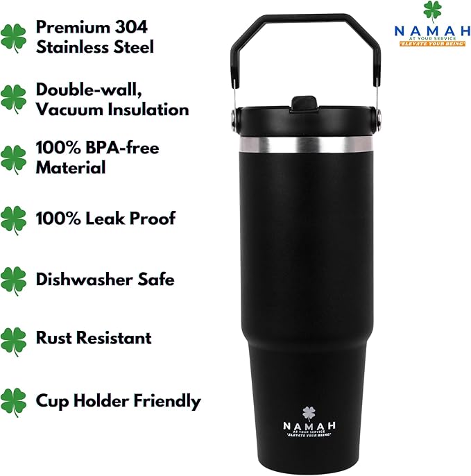 Tumbler with Handle & Extra Cloud LID – 30oz/900ml, Premium 304 Stainless Steel, Insulated Water Bottle, Leak-Proof, Steel Straw, Teddy Straw Cap, Cleaning Brush & Carabiner Hook (Charcoal Black)