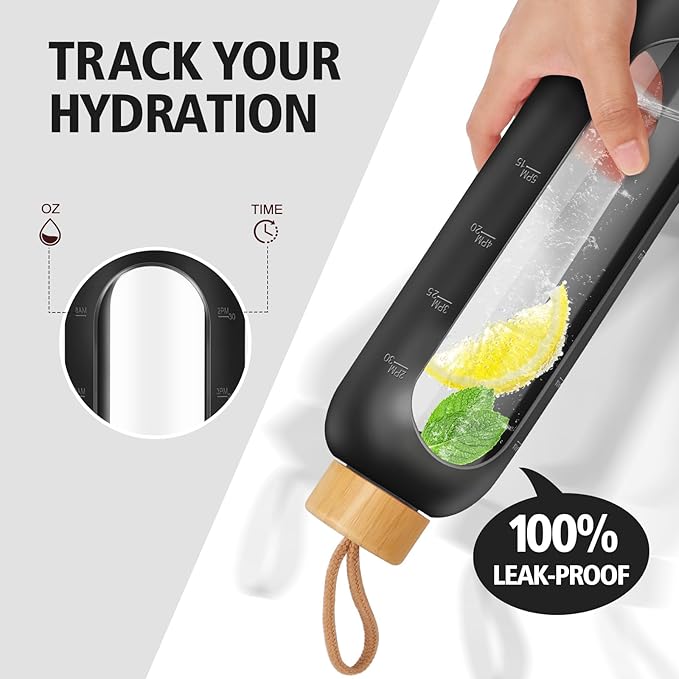 Glass Water Bottles 32 oz - 32 ounce Glass Drinking Bottle with 2 Bamboo Lids Time Marker and Silicone Sleeve, 1 Liter Wide Mouth Motivational Glass Water Bottle with Straw for Travel Daily Intake