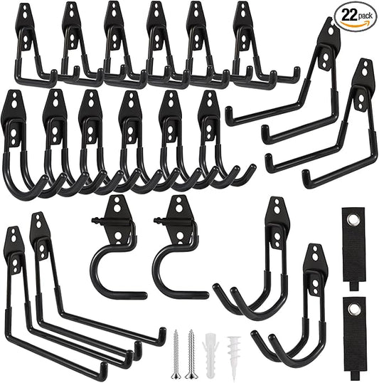 Garage Hook Heavy Duty Wall Storage Hangers, 22 Pack Garage Storage Hooks Steel Tool Black for Ladders, Ropes, Garden Tools