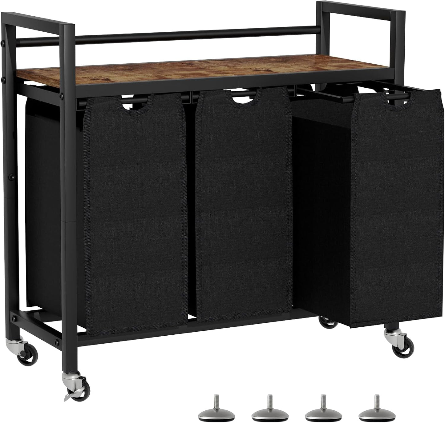 Laundry Hamper, Laundry Basket, Laundry Sorter with 3 Removable Bags, Clothes Basket with 3 Compartments, Wheels, Shelf for Laundry Room Bathroom Bedroom (3 Bags-Black)