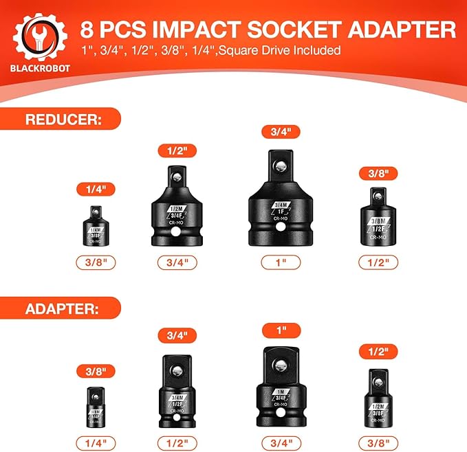 BLACKROBOT Impact Socket Adapter Set 8PCS, 1”3/4”1/2” 3/8”1/4”Square Drive, Reducer for Impact Driver Wrench Drive Conversion, Cr-Mo Steel Exceeds ANSI Standards with Portable Case