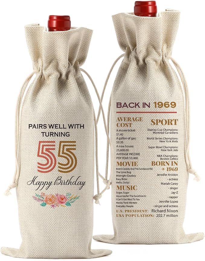 Funny 55th Birthday Gifts for Women Men Wine Bag, Happy Anniversary 55th birthday Party Decorations for Woman Men Wine Bags, 55 Year Old Birthday Gift Ideas Wine Bottle Bag