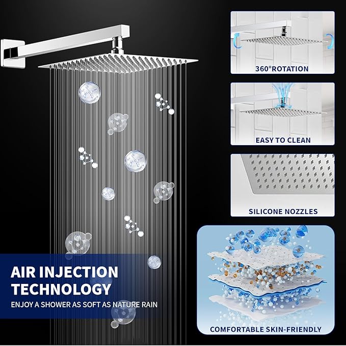 BWE 12 Inch Square Bathroom Luxury Rain Mixer Shower Combo Set Wall Mounted 2-Functions Rainfall Shower Head System Polished Chrome Shower Faucet Rough-in Valve Body and Trim Included