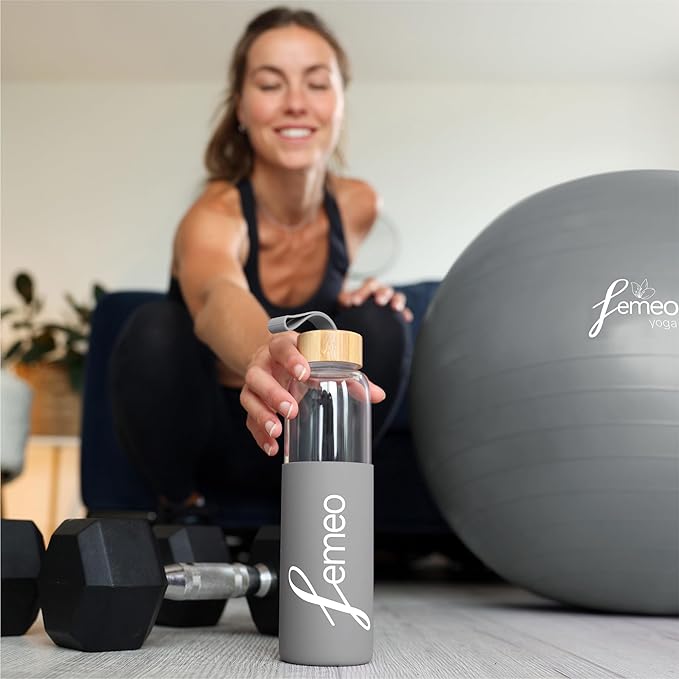 Femeo® Glass Water Bottle for Women | Eco, Yoga & Gym Friendly, 18oz | 100% Leakproof, BPA-Free, Dishwasher Safe, Borosilicate Drinking Glass Bamboo Sports Cap Grey