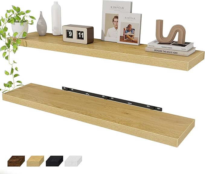 Floating Shelves Wall Shelf 48 Inch, 9.3 Inch Deep Floating Shelf for Wall, Farmhouse Black Wood Shelves Invisible Bracket for Living Room, Bedroom, Kitchen, 48 x 9.3 x 1.4 Inch, Set of 2, Oak Color