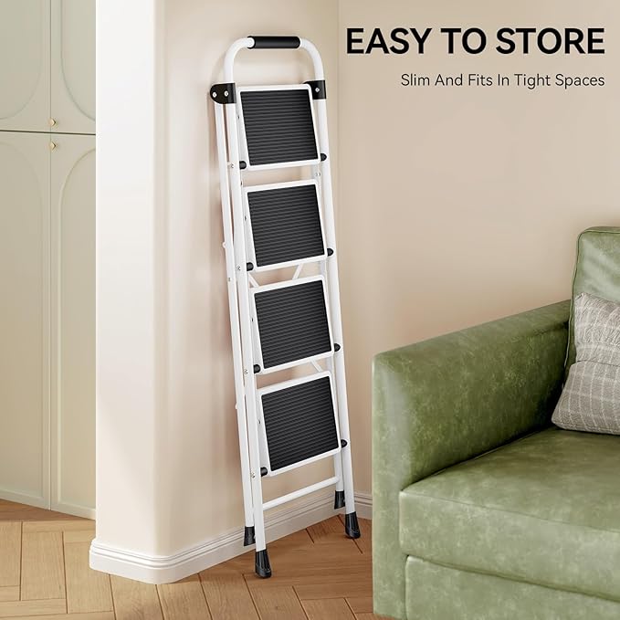 KINGRACK 4 Step Ladder, Folding Step Stool with Anti-Slip and Wide Pedal, Lightweight Stepladder with Handrails, Portable for Kitchen, Household, White