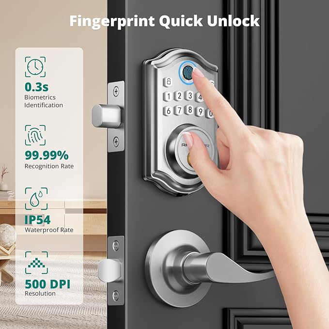 DS10 Keyless Entry Door Lock with Handle - 2 Lever Handles, Fingerprint Door Lock, Keypad Deadbolt, 2 Keys, Code, Smart Locks for Front Door, Auto-Lock, Easy Installation - Satin Nickel