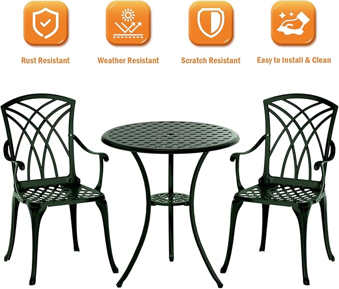 Patio Bistro Set 3 Piece, Cast Aluminum Bistro Set for 2 w/Umbrella Hole, Outdoor Table and Chairs Set of 2, Bistro Set for Balcony/Backyard/Garden, Green