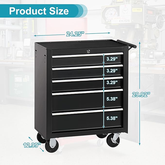 Tool Chest 5 Drawers Garage Storage Steel Frame Tool Chest with Wheels, Top Storage Rack, Rubber Mat, Side Handle for Warehouses and Workshop, Black
