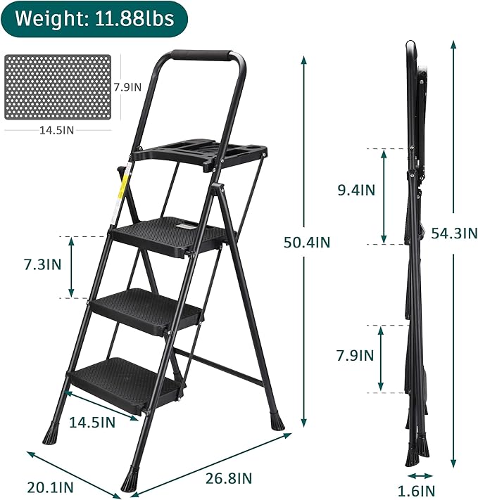 HBTower 3 Step Ladder with Tool Tray, Folding Step Stool with Wide Non-Slip Pedal and Comfort Handgrip for Household and Office, Lightweight 500lbs Capacity Step Ladder, Black