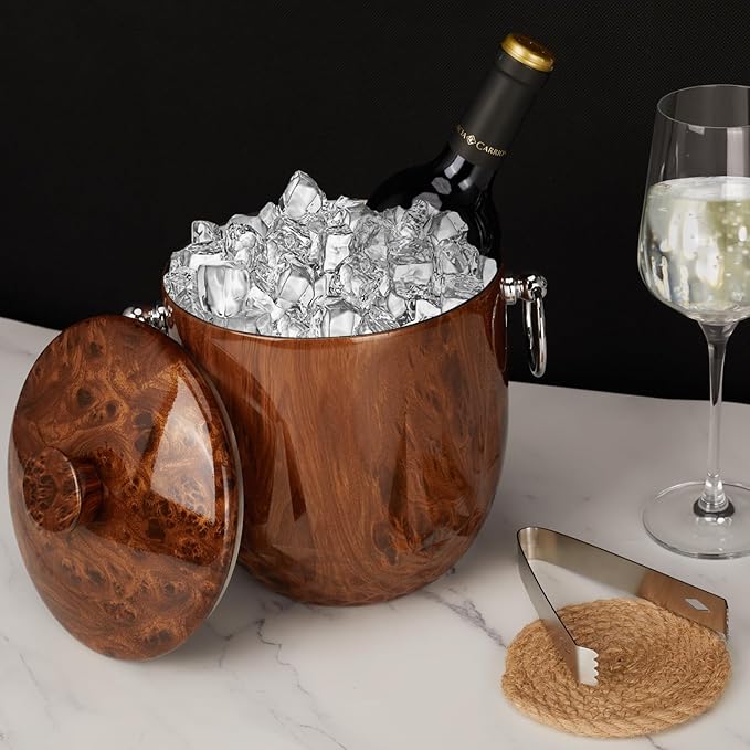 Ice Bucket with Lid, 3L Diamond Bottom Design Double Wall Stainless Steel Insulated Ice Bucket, Champagne Bucket, Wine Bucket for parties, cocktail bar, Teakwood
